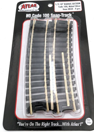 Atlas 0834 HO Neusilber 1/2-18' Radius gebogene Gleisabschnitte (4er Pack) | Zustand: New
