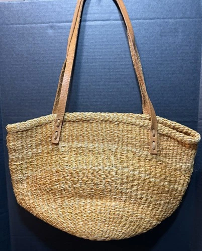 Vtg 70s Boho Woven Sisal Market Tote Bag Leather Straps Large Bucket Beach Purse Opens in a new window or tab