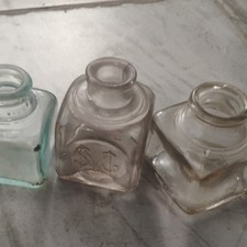 Lot of 3 Square Clear Glass Ink Bottles, Glass, Pre-1900 Collectible