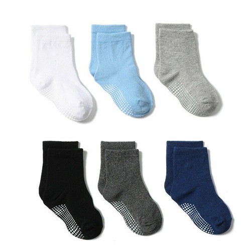 6 Pairs Anti Slip Non-Skid Socks Kids Baby Toddler Boys Plain Cotton 0-7 Year - Picture 6 of 27