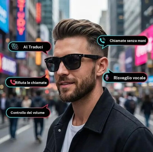 Occhiali Smart Audio Wireless con Assistente AI – Traduzione Vocale, Chiamate