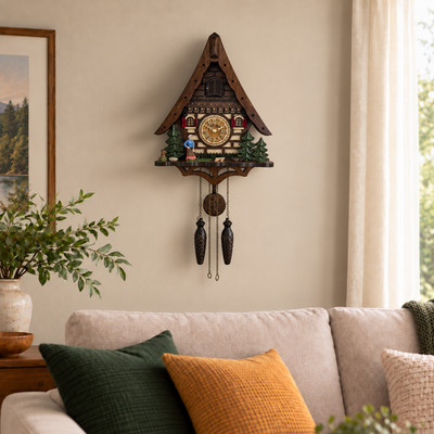 Handcrafted Black Forest Cuckoo Clock Farming Scene Quartz German Design Musical