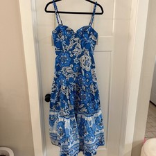 NWT FARM Rio Blue Full Of Flowers Organic Cotton Midi Dress XS Boho Beaded Strap