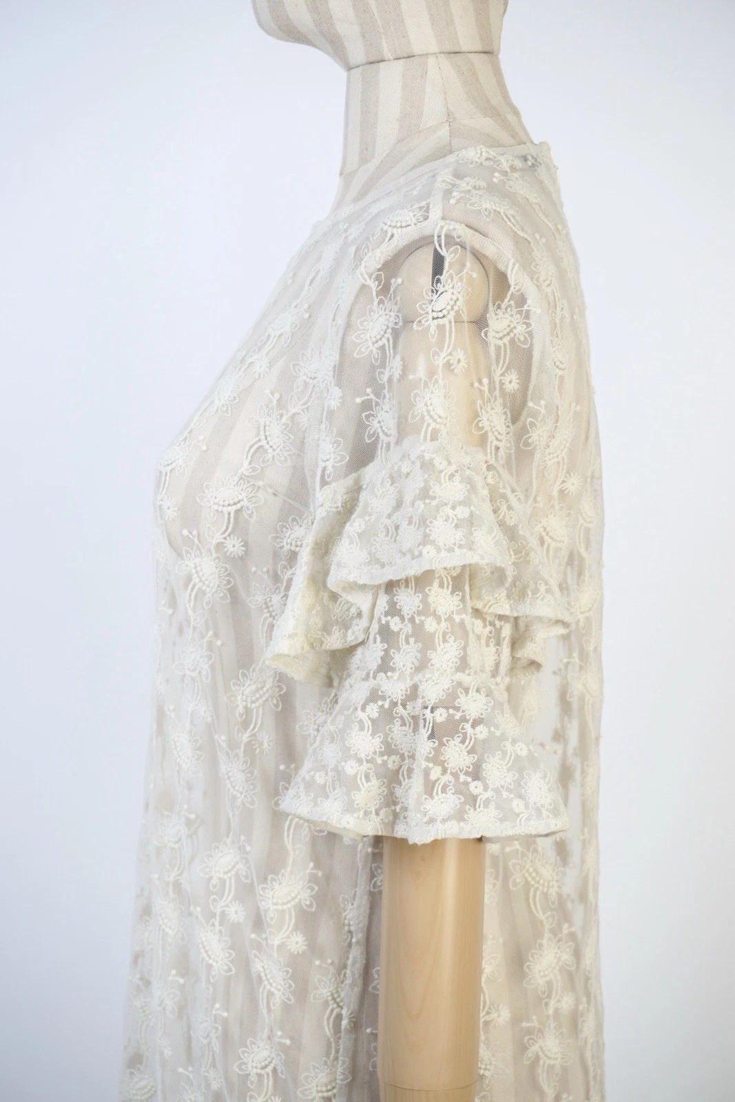 OFF WHITE Mini abito Allsaints bianco pizzo maniche medie volant floreale foderato trasparente