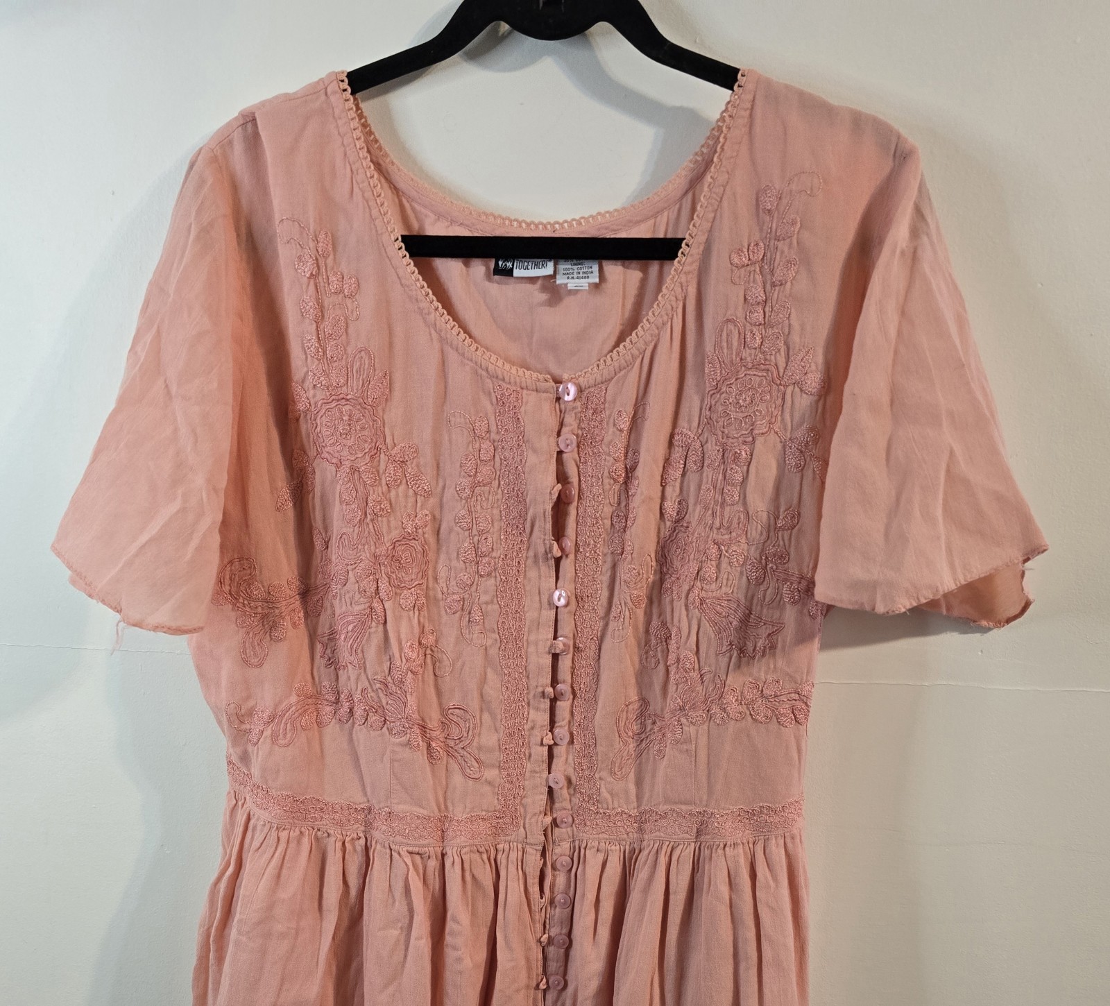 VTG Womens 2X Dress Midi Cotton Blend Boho Cottagecore Embroidered Short Sleeve