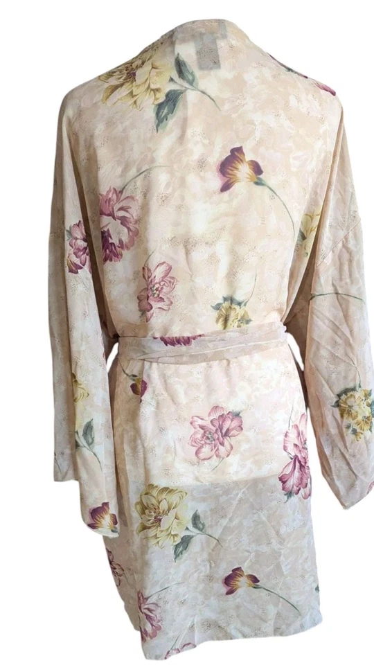 Bata Floral Cacique Años 90 De Colección Mujer S Chifón Kimono Tostado Crema Rosa Corta Transparente Foto 4 de 4