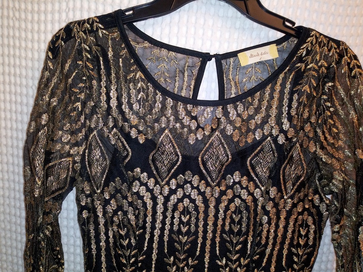 Altar'd State Gold Black Layered Neck Long Sleeve Embroidered Dress Sz  Small | eBay