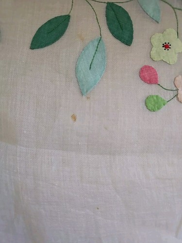 Vintage Blue Organdy With Colorful Linen Applique Tablecloth Embroidered 68"x88" - Picture 15 of 15