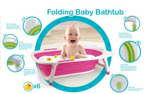 Kids Pink, Green and Blue Foldable Bathtub with 6 Free Toy Ducks for bathtime - Picture 5 of 7