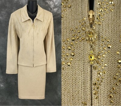 Ensemble Tailleur Jupe St. John Vert à Paillettes Et Broderies - Taille 14, Occasion Parfait état