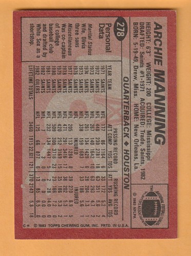 Archie Manning Houston Oilers 1983 Topps #278 Mississippi Rebels Ole Miss 9G - Imagen 2 de 2