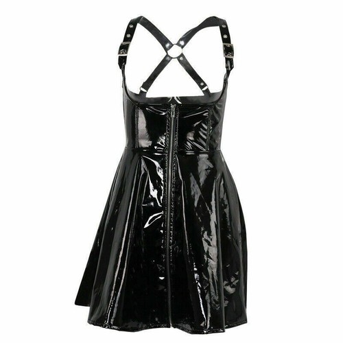 Women Strappy Skirt Wet Look Faux Leather Zipper Dress Punk Black Clubwear Shiny - Picture 2 of 7