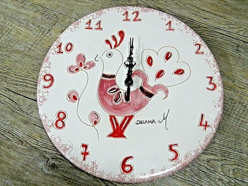 Ceramica sarda orologio 31cm parete biscotto bianco Pavoncella Dipinta a mano - Foto 1 di 1