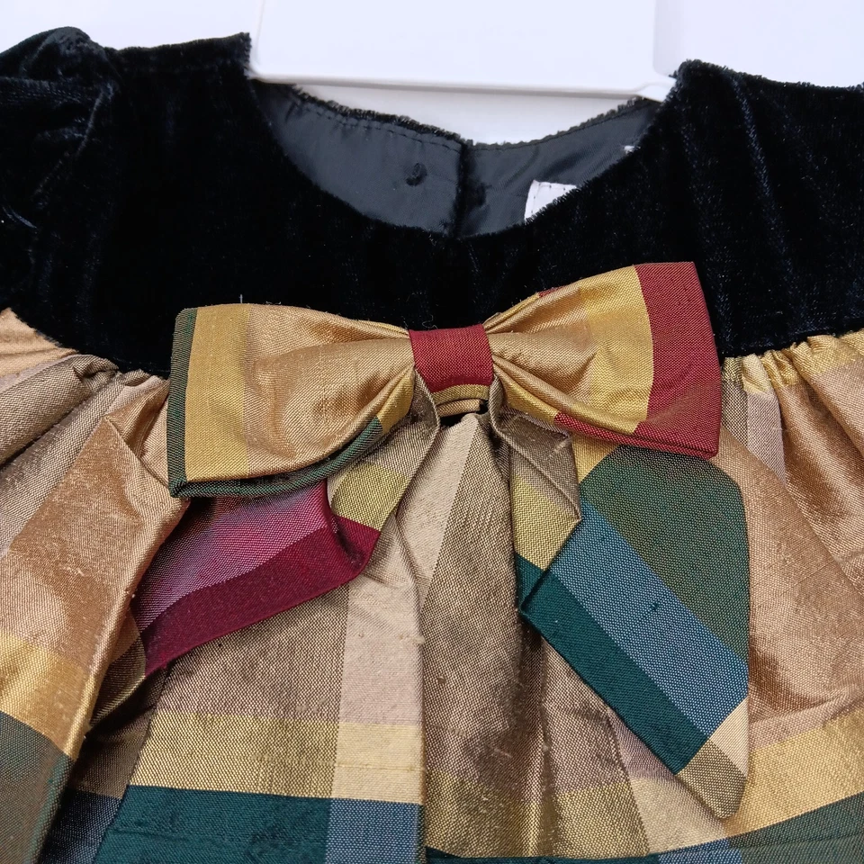 Vestido Sara Lene Bebé 3 Meses Seda Cuadros Dorado Terciopelo Navidad Vacaciones De Colección Nuevo de Lote Antiguo Foto 2 de 4