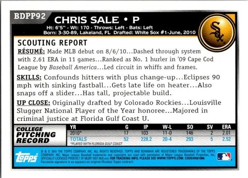 2010 Bowman Draft Picks & Prospects - Draft Picks Chris Sale #BDPP92 (RC) - Zdjęcie 2 z 2