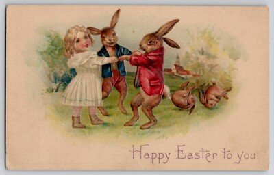 Easter Dressed Rabbits Dancing Girl Anthropomorphic Fantasy 13709 IAP Postcard
