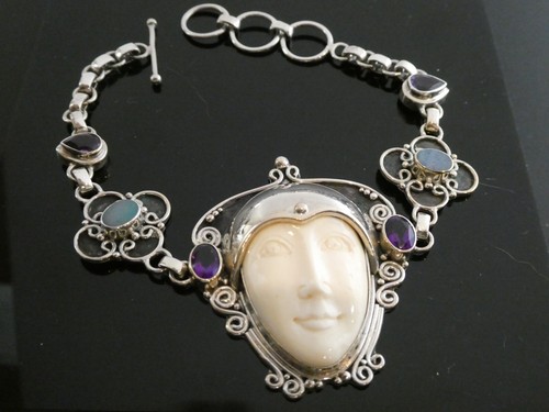 Sajen Sterling Silver 925 Face Amethyst & Opal (unsigned) Gemstone Bracelet 7.5" - Picture 2 of 7
