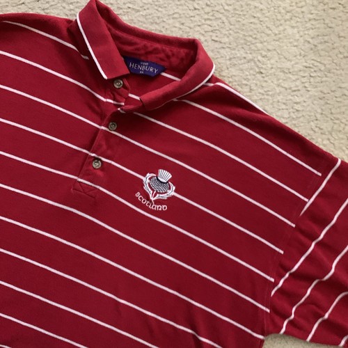 Henbury Scotland Short Sleeve Polo Shirt XXL Red/White Stripe Embroidered Logo