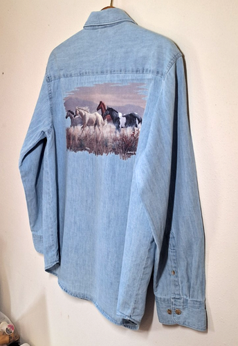 Camisa Shambray Azul Mujer XL Arte para Usar Caballo/James Hautman Manga Larga Butt Up - Imagen 10 de 10