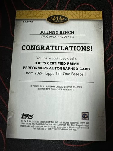 Johnny Bench 2024 Tier One On-Card Auto Green 21/25 Cincinnati Reds PPA-JB - Picture 2 of 2