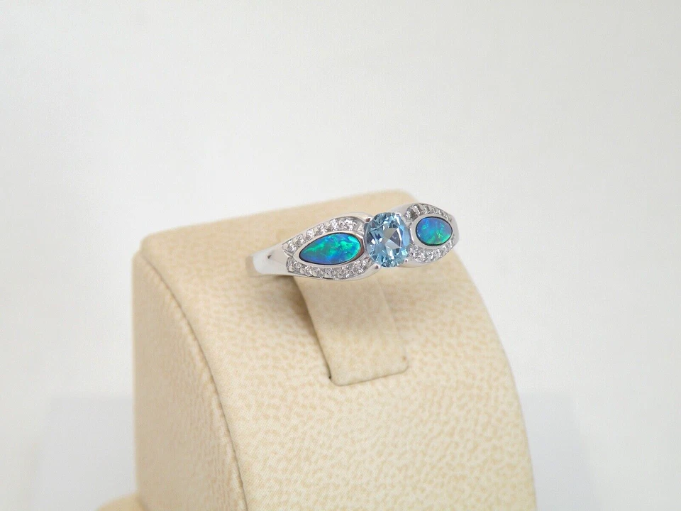  正品 Kabana 14k 白金戒指,优质蛋白石,海蓝宝石,钻石,尺寸 7  — 第 3/4 张图片