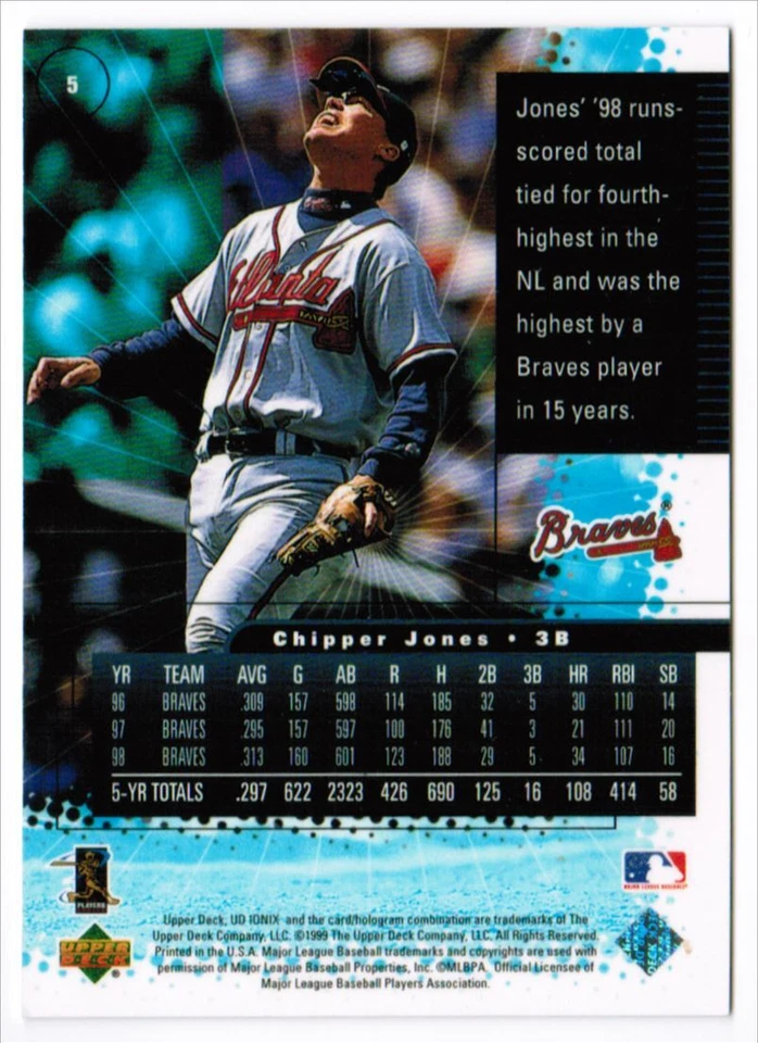 1999 Upper Deck Ionix Chipper Jones Atlanta Braves #5 - Image 2 of 2