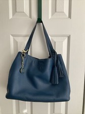 Tory Burch Leather Thea Center Zip Tote Bag Blue VGUC W Tassle  Matching Charm