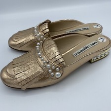 karl Lagerfeld gold Leather mule slides white pearls 7.5 Gorgeous Excellent