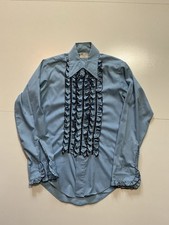 Vintage 60s 70s Palm Beach Formal Fashions Ruffled Tuxedo Dress Button Shirt SM