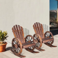 2PCS Wagon Wheel Wooden Garden Rocking Chair Patio Outdoor Furniture Fir Wooden