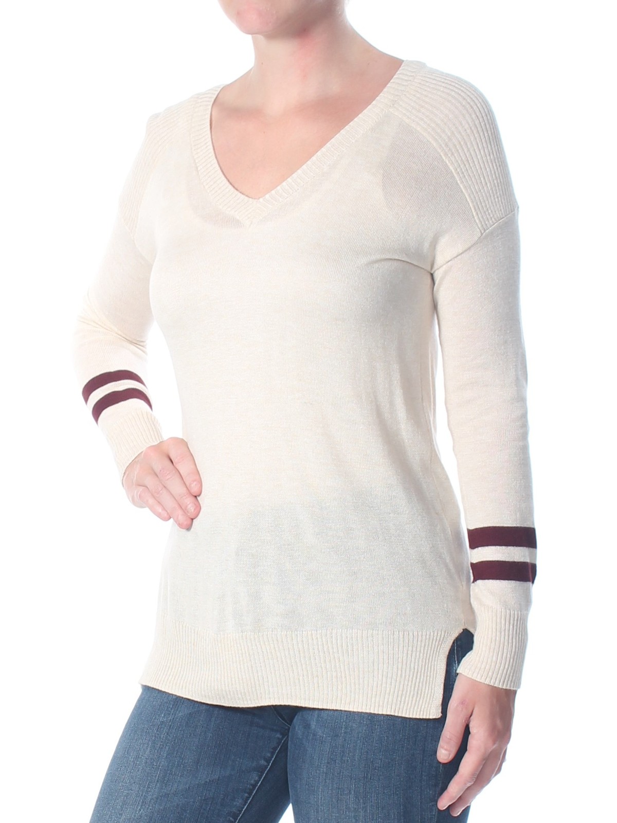 HIPPIE ROSE Womens Beige Long Sleeve V Neck Hi-Lo Sweater XL