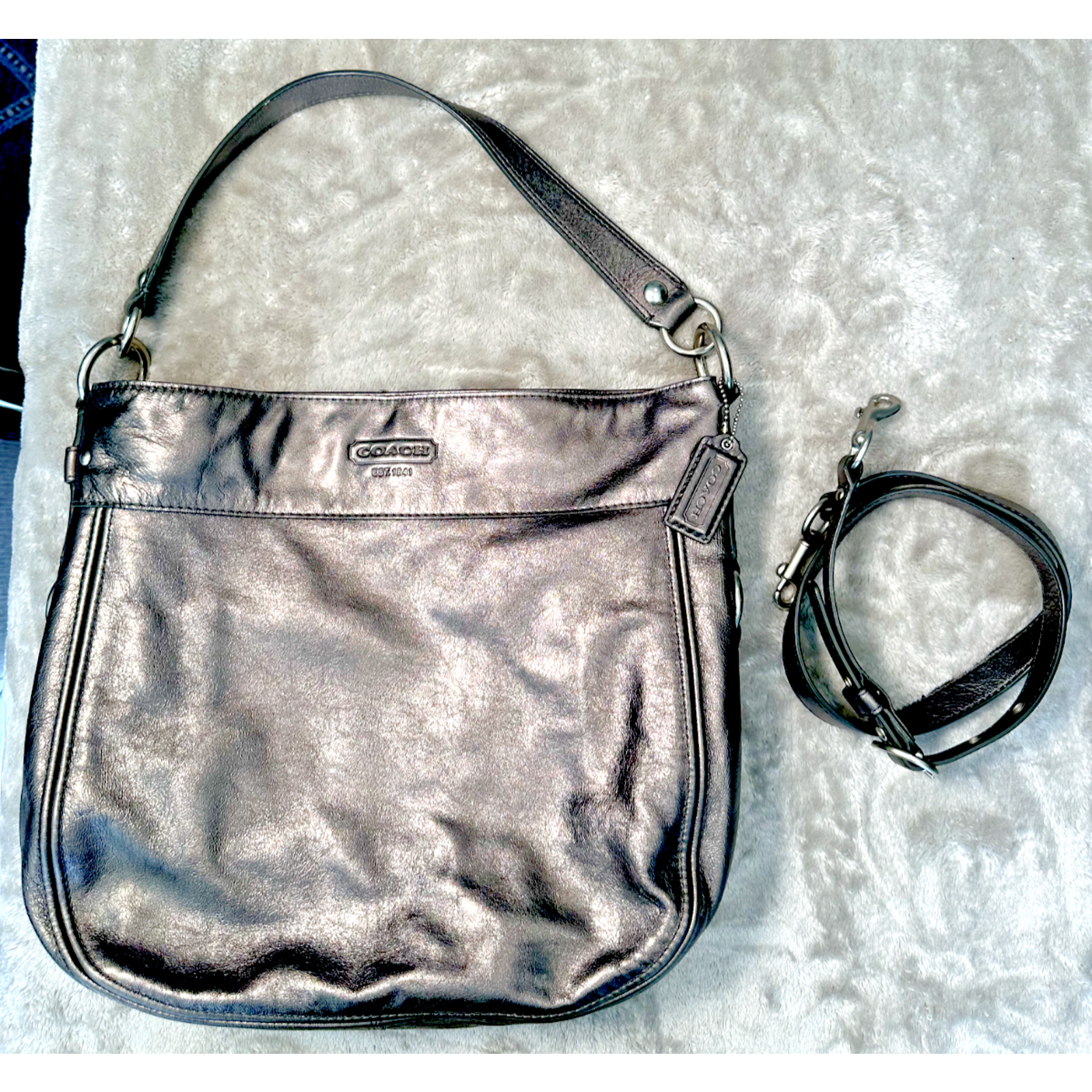 Coach Zoe Silver Metallic Platinum Leather Shoulder Hobo Y2K Bag Purse F14706