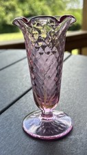 Fenton Plum Amethyst Purple Diamond Optic Hand Painted Signed Glass Vase 5 1/2  