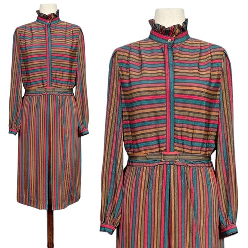 1980s Vintage Dress Belt Set Large 80s Midi Blouson Long Sleeves Stripes Pockets - Picture 1 of 7