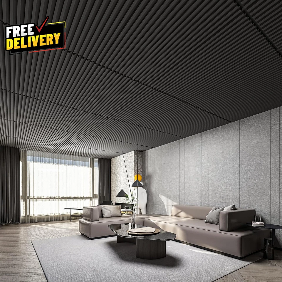 6 Pack 3D Slat Wall Panels 2x4ft PVC Decorative Ceiling Tiles Black - Image 2 of 4