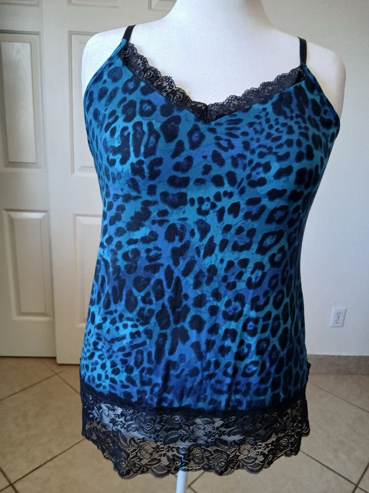 Camiseta sin mangas Lane Bryant para mujer azul negro estampado animal 14/16 camisola ribete de encaje Y2K Foto 2 de 4