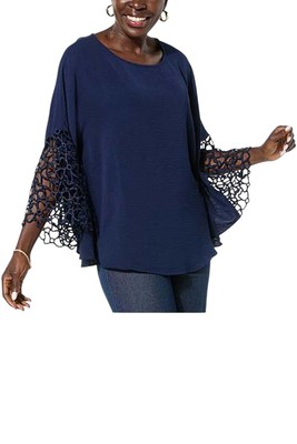 Nina Leonard Women's Textured Wave Batwing Sleeve Top Navy
