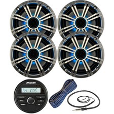 Kicker KMC2 Marine AM/FM Receiver, 4x 6.5" LED Speaker w/Grille, Wire, Antenna