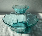 VTG MCM Anchor Hocking Turquoise Chip & Dip Set Scalloped Edge & Original Stand