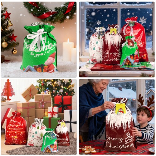 40 Stück Weihnachten Kordelzug Geschenktüten mit Etiketten & Bändern, verschiedene Größen... - Bild 6 von 7