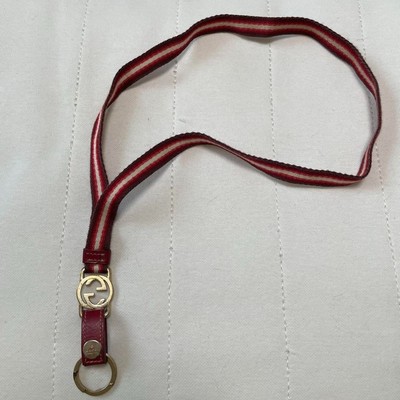 GUCCI Lanyard Interlocking G Red Stripe Strap Neck Holder ID Case Nylon Leather
