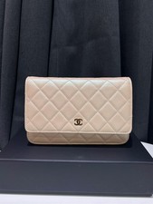 CHANEL AP0250 Classic Wallet On Chain WOC Beige Lambskin Quilted Flap Bag Authen