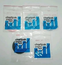(lot of 5) Chartpak Graphic Chart Tape 1/16" x 648" Red/White/Green/Black/Blue