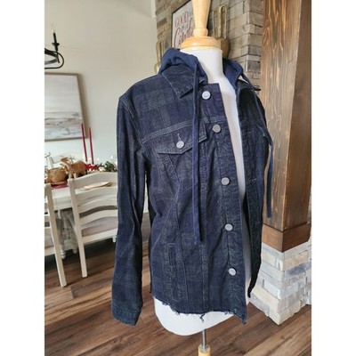 DEAR JOHN Anthropology Womens Corduroy Plaid Jacket Blue Green Hooded Size S