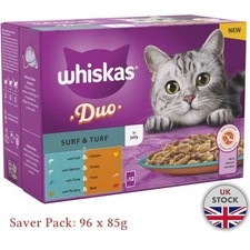 Saver Pack: 96 x 85g Whiskas 1+ Duo Surf & Turf in Jelly Complete Wet Cat Food 5.63 per kilo