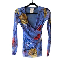 Fuzzi Jean Paul Gaultier Blue Floral Mesh Wrap Top Bodycon Sheer Stretch SZ S