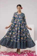 Indian Women white Cotton Floral Printed Anarkali Kurta Kurti Dress