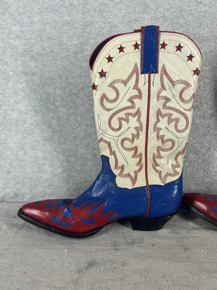 Botas vaqueras occidentales vintage Panhandle delgadas para mujer 6,5 B altas rojas blancas y azules Foto 2 de 4