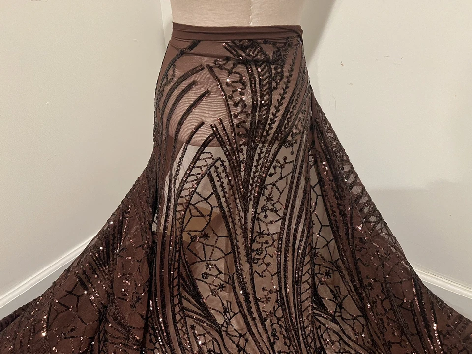 Tela de encaje de malla bordada lentejuelas elásticas 4 vías marrón 50” ancho 1 yarda Foto 2 de 4