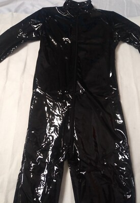 New women black gloss pvc faux leather 2 way zip catsuit jumpsuit uk size 18